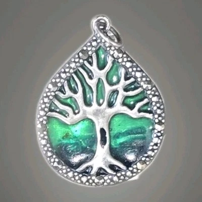 Collar colgante vintage TREE OF LIFE plata de ley marcasita verde PAJ 925 Foto 1 de 4