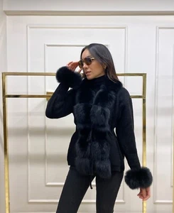 Knitwear Real Fox Fur Women Black Cardigan Standard Size Elegant High Quality - Picture 1 of 3