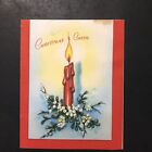 Vintage Christmas Card Bright Lit Red Candle Centerpiece Mistletoe White Berries