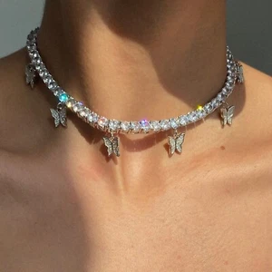 18k Platinum Filled Lab-Created Sapphire 5mm Tennis Necklace w Dangle Butterfly - Picture 1 of 5