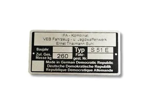 Simson S 51 E s51e placa de características placa id plate - Imagen 1 de 1