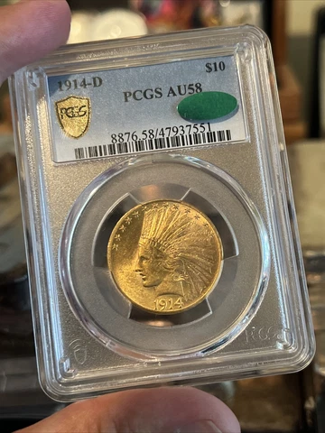 1914 D $10 Ten Dollar Indian Head Gold Eagle PCGS + CAC approved!  AU 58 Looks + Cover