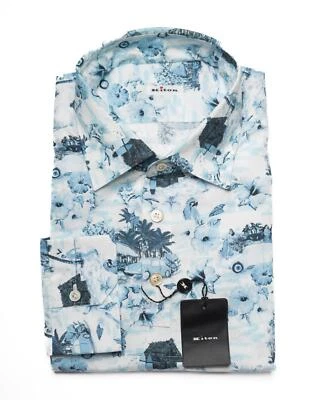 Kiton $1,160 NWT Blue Surf Print Cotton Slim Polo Casual Shirt (41 eu) 16 US L - Image 1 of 4