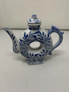 Vintage Donut Teapot Blue And White Floral Design 7 Inch Tall - Picture 1 of 6