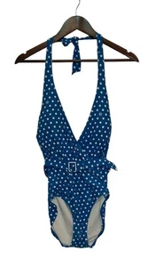 Michael Kors Dot V-Neck Tie Swimsuit US 4, 6, 8 Halter Belt Blue One-Piece - Picture 1 of 4