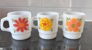 Vintage Fire King Pop Flower Milk Glass Mugs blue orange yellow red set(3) - Picture 1 of 11