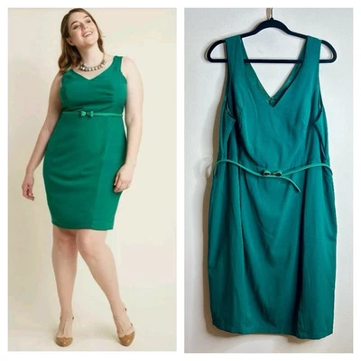 ModCloth 2X sleeveless belted sheath dress in emerald green. Satin lining Retro - Image 1 of 4