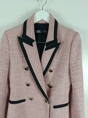 Zara Jacket Womens Small Blazer Pink Tweed Boucle Fitted Double Breasted Smart - Image 1 of 4