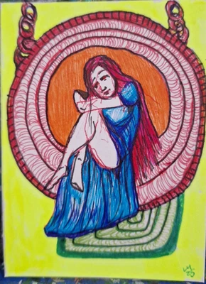 Mujer en un columpio ACEO ATC ROBLE ORIGINAL 3,5 x 2,5 pulgadas Foto 1 de 4