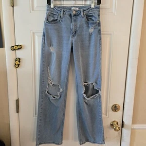 Rue 21 Wide Leg Mid Rise Jeans Womens 6 Baggy Denim Stretch Skater Distressed  - Picture 1 of 7