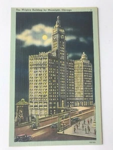 Postkarte IL Wrigley Gebäude Mondscheinszene 398 Fuß Büro um 1930 - Bild 1 von 2