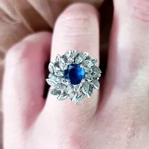 Anello donna vintage oro bianco 18 kt zaffiro e diamanti a grappolo fiore misura 6,5 - Foto 1 di 9