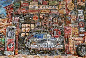 Art Collage Poster Old America Service Station Made Out Of Car Plates - Picture 1 of 10