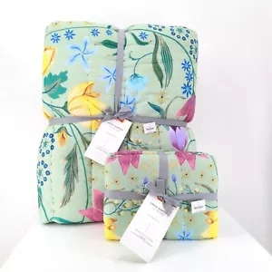 Anthropologie Anna Garden Cotton Queen Quilt King Pair Pillow Shams Green Floral - Picture 1 of 11