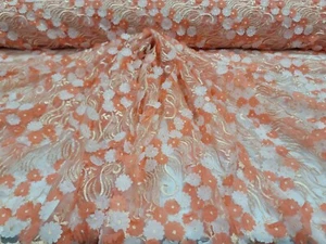 Fabric By The Yard Coral Lace 3d Embroidery Floral Flowers Sequin On Mesh Prom - Picture 1 of 12