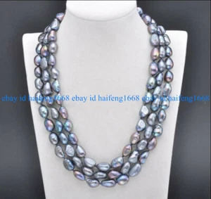 3 Reihen Echte Natürlich 7-8mm Schwarze Barocke Süßwasser Perle Halskette 18-20" - Bild 1 von 12