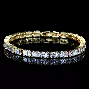 18k Gold Filled Tennis Bracelet made w Swarovski Crystal Stone Princess-Cut - Picture 1 of 5