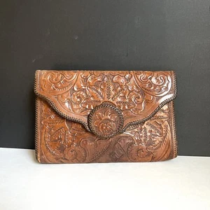 Vintage 1970's Western Handmade Tooled Leather Clutch Purse - Picture 1 of 8