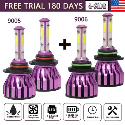 4pcs 9005 9006 LED Headlight Bulbs 4-SIDE High Low Beam Kit Xenon White 360000lm - Image 1 of 4