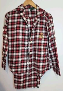 LRL Ralph Lauren Pajama Set Medium Crest Cream Red Green Plaid Flannel Cotton - Picture 1 of 7