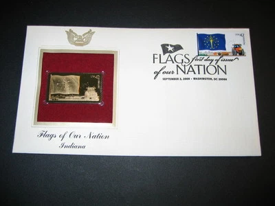 2008 Flags of our Nation Indiana FDC FDI Replica 22kt Gold Golden Cover Stamp - Image 1 of 3