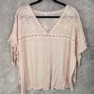 Besticktes Top mit Spitzenbesatz Damen Gr. XL rosa Fairycore Boho kokett fließend - Bild 1 von 6