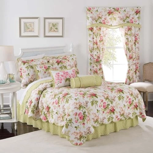 Waverly Emma's Garden Blossom Pink Green Floral Full/queen Quilt Set 4pc