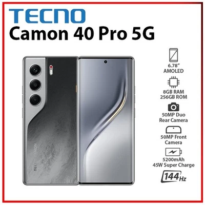 NEW TECNO Camon 40 Pro 5G 8GB+256GB BLACK Dual SIM Unlocked Android Mobile Phone - Bild 1 von 3