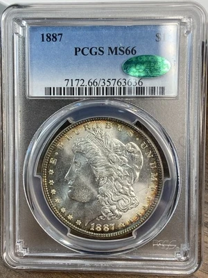 1887__ CAC’d MS 66 Morgan Silver Dollar__ PCGS Graded, Us Coin, 90% - Image 1 of 4