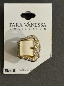 Tara Vanessa Pave Enamel Buckle Ring Size 5 Gold Tone CZ Cream Pinky $76 New - Picture 1 of 9