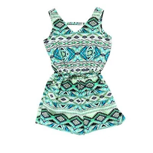 Girls S Neon Green Blue Black Aztec Print Sleeveless Shorts Pocket Summer Romper - Picture 1 of 3