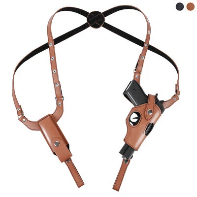 1PCS Tactical Gun Holster Shoulder Genuine Real Leather Pistol and Mag Concealed - Image 1 of 4