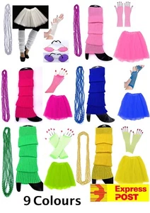 Ladies 80s Tutu Skirt Fishnet Gloves Leg Warmers Necklace 1980s Dancing Costumes - Picture 1 of 11