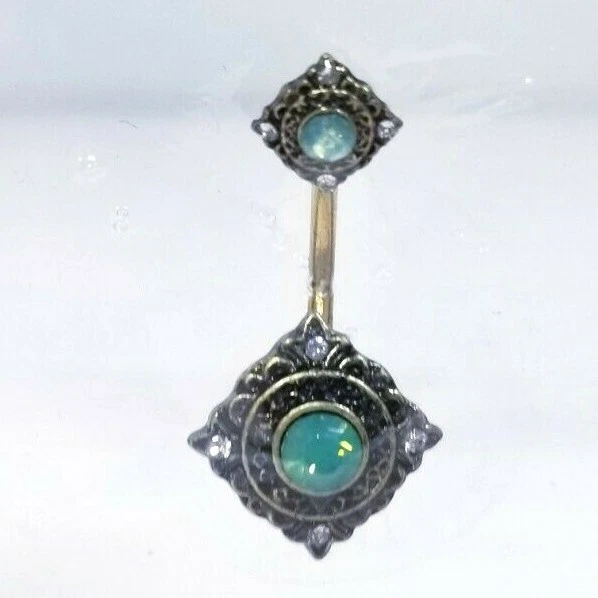 Anillo para el vientre BODY CANDY verde imitación ópalo gema transparente tono dorado rombo doble montaje Foto 1 de 3