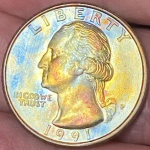 1991 P Washington Viertel schöne glänzende Gold-/Regenbogenfarbene Münze #5 - Bild 1 von 17