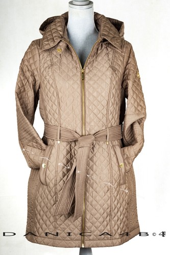 Michael Kors Cappotto Donna Trapuntato con Cintura e Cappuccio Anorak Tartufo L