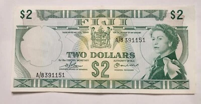 Fiji 2 Dollars (1974) Pfx A/8 Queen Elizabeth P. 72b VF++  Est $35+GIFT!!  Fj3 - Image 1 of 4