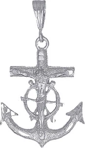 Sterling Silver Anchor Cross with Jesus Charm Pendant Necklace with Diamond Cuts - Picture 1 of 5