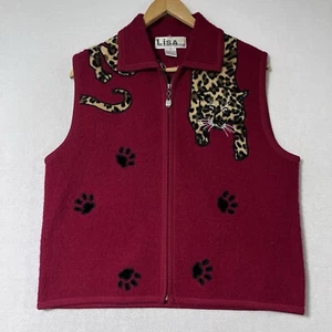Lisa International Red Vest 100% Boiled Wool Leopard Detail Size L Full Zip - Picture 1 of 7