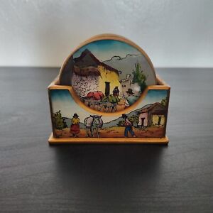 Hand Painted South American Folk Art Wooden Coasters - 6 Peru Scenes Vintage!