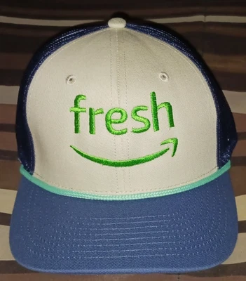 🆕NEW ‿➤AMAZON FRESH Snapback OSFA Employee Trucker Hat Unisex Blue White Cotton - Image 1 of 4