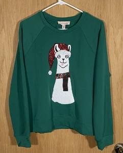 Philosophy Christmas Llama Sweatshirt Green Sequins Crew Neck Women's Sz L NWT - Picture 1 of 6