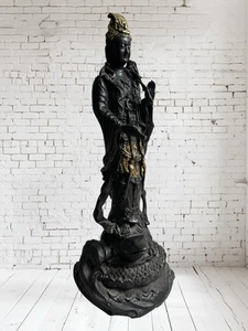 Antique Chinese bronze tall statue of Guanyin resting on frog ON lotus flower - Picture 1 of 17
