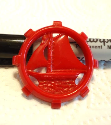 Vintage Red Pierced Plastic Button 1 5/8" SAILBOAT - Image 1 of 4