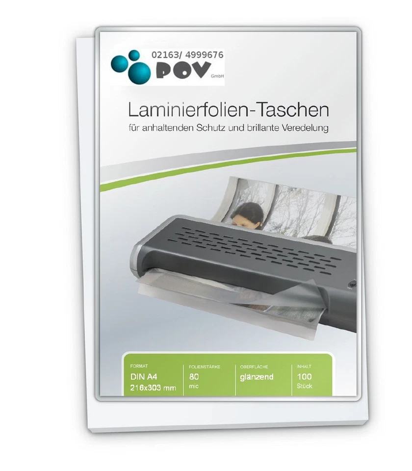 POV GMBH Laminierfolien A4 (216 x 303 mm), 2 x 80 mic, glänzend