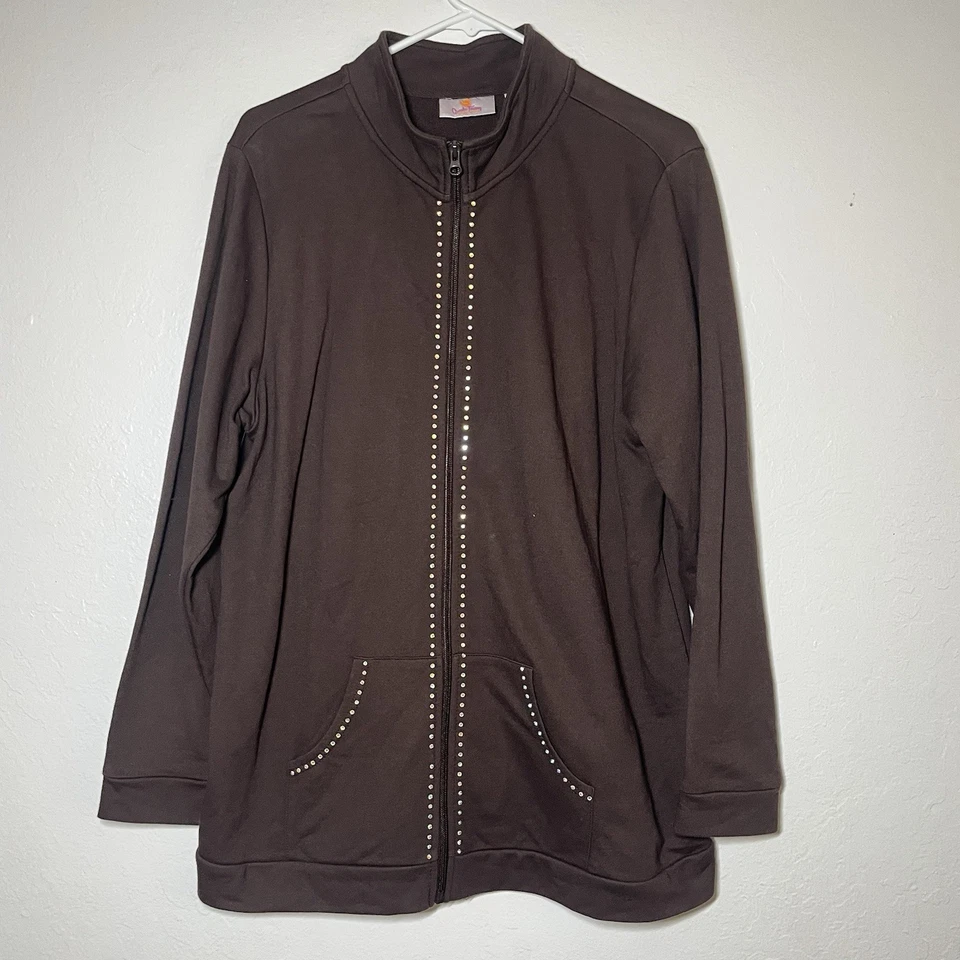 Suéter Quacker Factory Cremallera Completa Talla Grande Marrón Estrás Detalles Bolsillos Foto 1 de 4