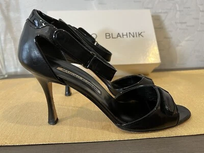 MANOLO BLAHNIK Roon Open-Toe Ankle-Wrap Sandals Black Leather High Heel Calf 39 - Image 1 of 4