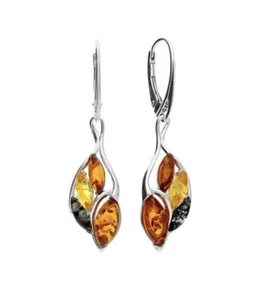 Amber Marquise Dangle Drop Earrings Sterling Silver 925 Cognac Green Yellow Leaf - Picture 1 of 3
