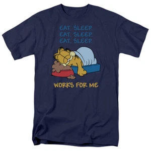 Garfield Works For Me T Shirt Mens Licensed Cat Jim Davis Comic Tee Navy - Picture 1 of 2