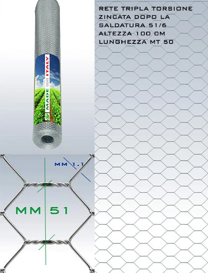 MADE IN ITALY RETE METALLICA ZINCATA 51/6 H.100 CM PER GABBIE POLLI PECORE MAGLIA ESAGONALE